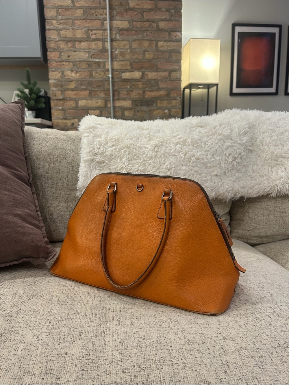 Prada Pebbled Leather Tote in Cognac Orange